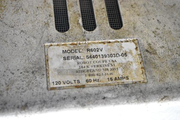 Robot Coupe R602V food processor base, metal, visible label showing model and serial number. 120V, 60Hz, 1 phase.