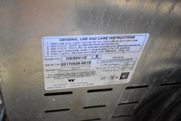 2017 Winston CVap HBB0N1IE S Series stainless steel warming drawer, 120V, 1 phase, model and care label visible.