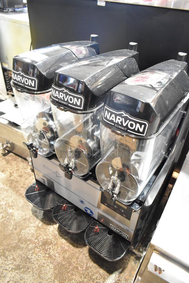 Narvon 378WSSM3 stainless steel countertop triple 3-gallon frozen beverage machine, 115V, in clean condition.