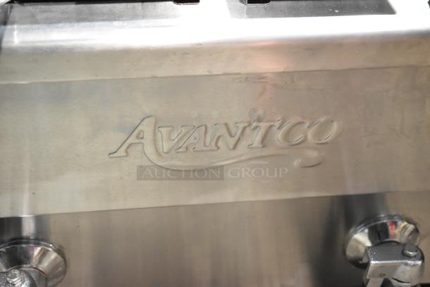 Avantco 177F202 stainless steel commercial countertop fryer, brand new scratch and dent, with embossed logo detail.