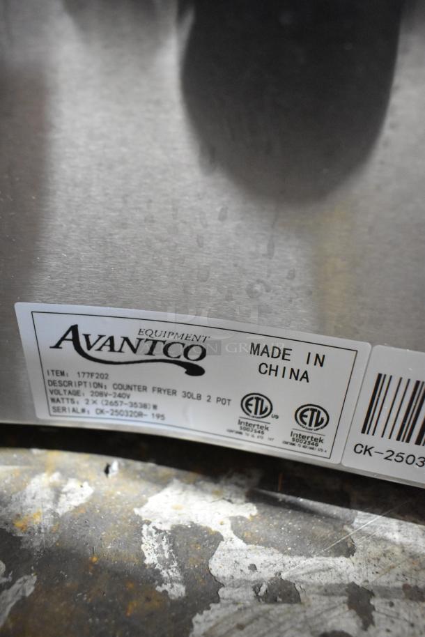 Avantco 177F202 stainless steel commercial countertop fryer; dual bays, 2 baskets, 2 lids, 208-240V, scratch and dent.