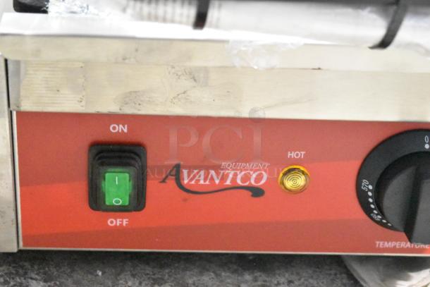 BRAND NEW Avantco 177PG400GS stainless steel double panini press, labeled "On/Off," "Hot," with temperature control knob.