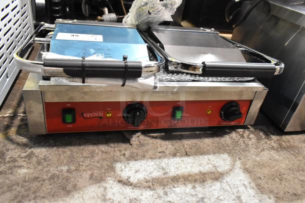 Avantco 177PG400GS stainless steel double panini press, electric, 120V, new with scratches and dents, countertop model.