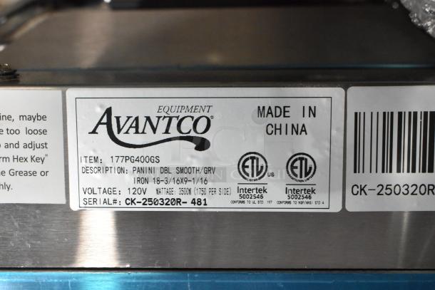 BRAND NEW Avantco 177PG400GS stainless steel double panini press. 120V, 3500W, ETL certified. Made in China.