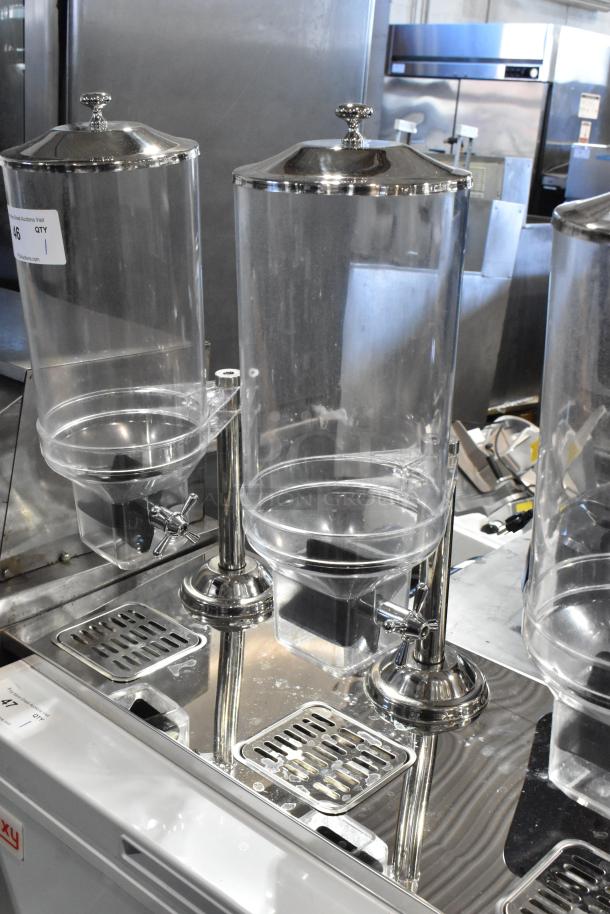 Chrome finish and clear poly dry goods dispenser with three hoppers. Brand new, scratch and dent.