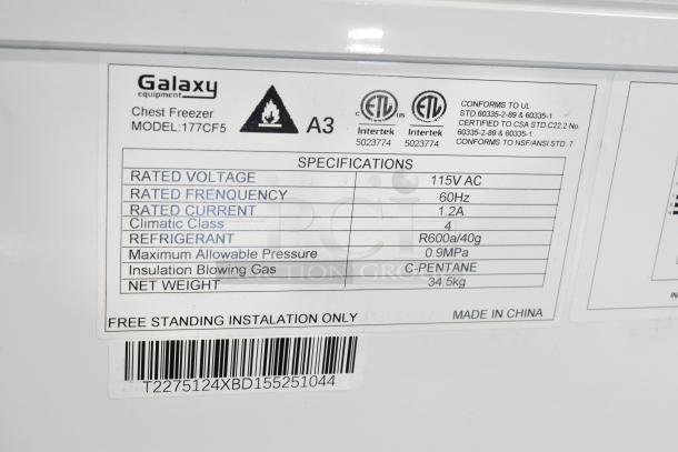 Galaxy 177CF5 chest freezer label showing specifications: 115V AC, 60Hz, 1.2A, R600a refrigerant, made in China.