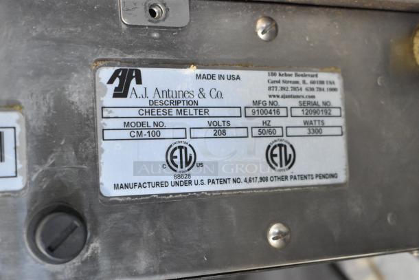 AJ Antunes CM-100 Cheese Melter label, showing model, 208 volts, 50/60 Hz, 3300 watts, ETL listed, made in USA.
