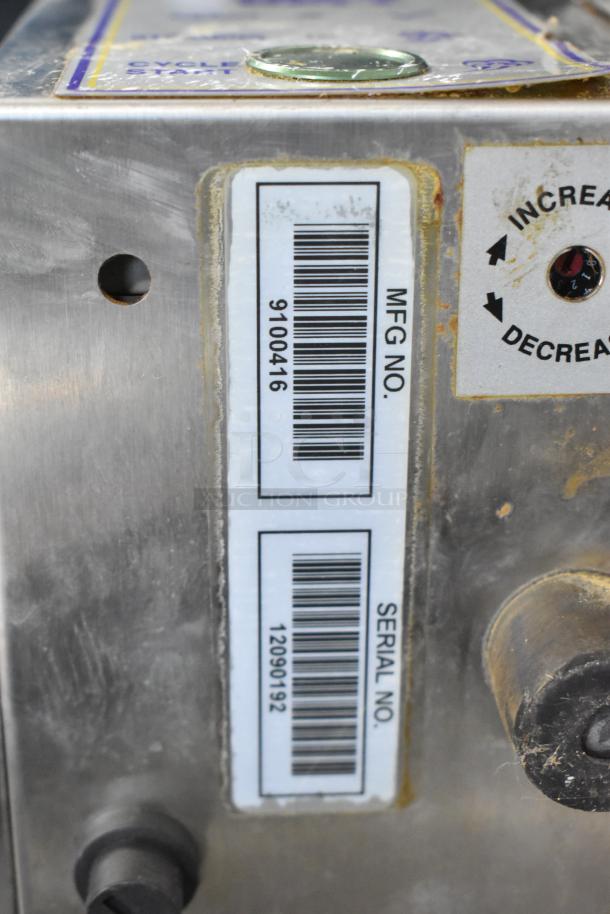 AJ Antunes CM-100 stainless steel cheese melter, showing serial and MFG numbers. Good condition, 208V, 1 phase.
