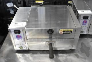 AJ Antunes CM-100 stainless steel cheese melter, 208 volts, 1 phase. Features caution label and Taco Bell branding.