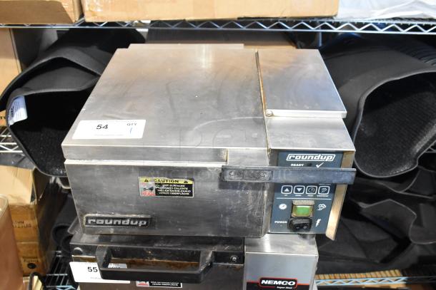 Roundup AJ Antunes DFW-150CF stainless steel countertop food warmer, 120V, 1 phase. Caution and power labels visible.