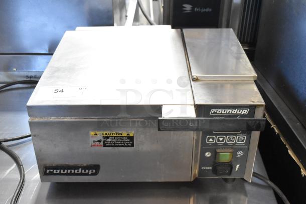 Roundup DFW-150CF stainless steel commercial countertop deluxe food warmer, 120 volts, 1 phase, with control panel and caution label.