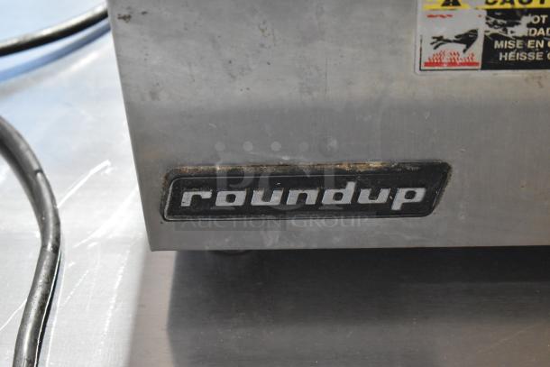 Roundup AJ Antunes DFW-150CF stainless steel food warmer, 120V, with visible branding and safety labels.
