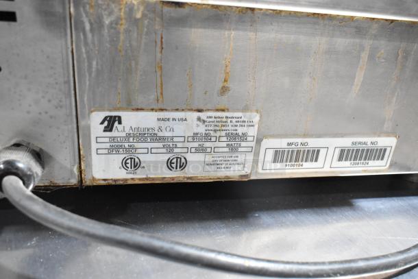 Roundup AJ Antunes DFW-150CF stainless steel commercial food warmer, 120V, 1 phase, visible labeling, some rust marks.