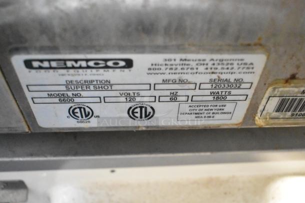 Nemco 6600 stainless steel food warmer label, 120V, 1800W, ETL listed, serial number 12033032, good condition.