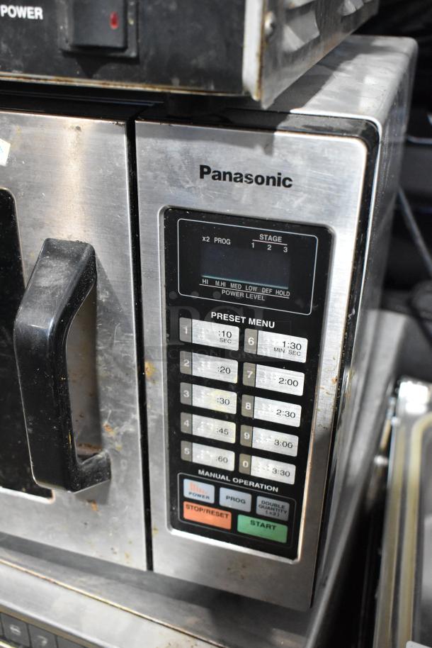 Panasonic NE-1054F stainless steel commercial countertop microwave oven, shows front control panel with preset menu.