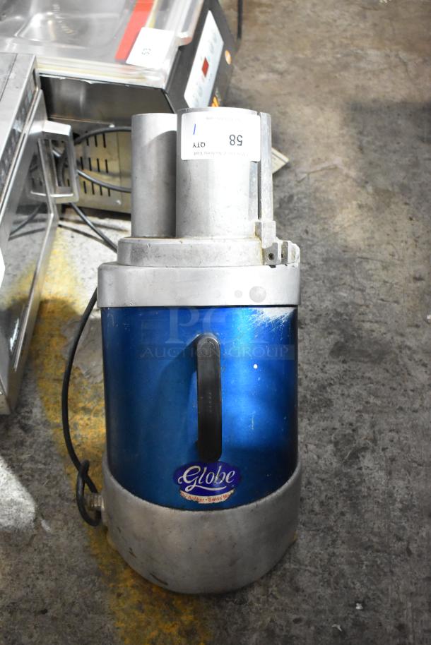 Globe GFP500 Metal Commercial Countertop Food Processor, 115V, Model GFP500, used condition. Blue base, Globe logo visible.
