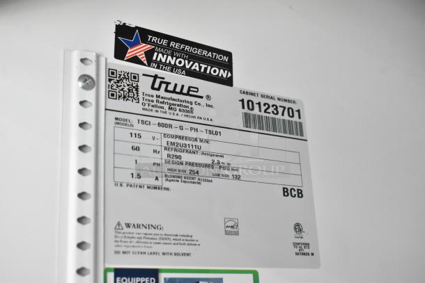 Label for 2021 True TSCI-600R-G-PH Reach In Cooler. Shows model, voltage, phase, refrigerant details, and serial number.