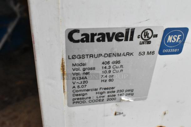 Caravell 406-995 metal chest freezer tag. Shows 14.3 cu.ft. gross, 10.9 cu.ft. net, 115V, 1 phase. UL and NSF listed.