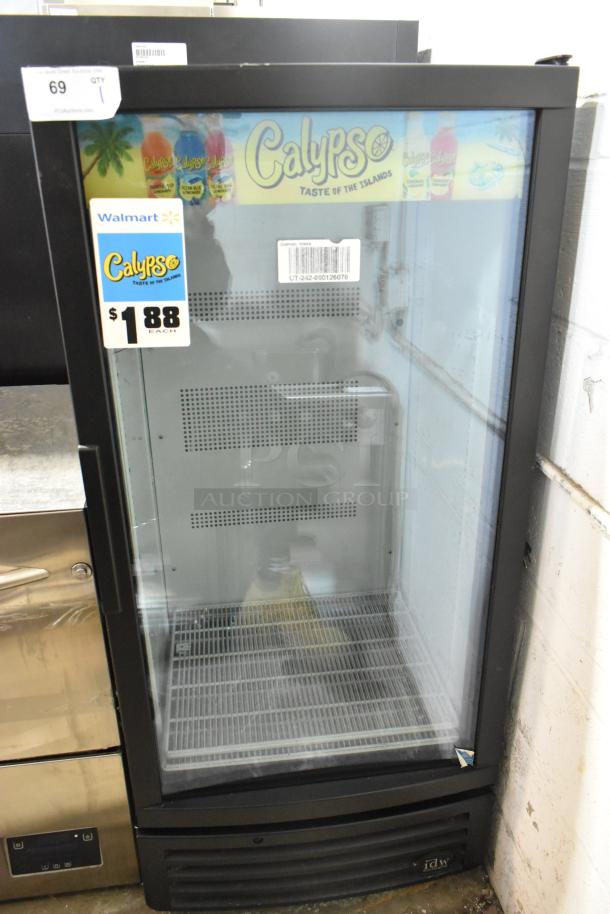 IDW G-10-F334B-HC commercial single-door reach-in cooler, 115 volts, Calypso branding, metal frame, glass door, used condition.