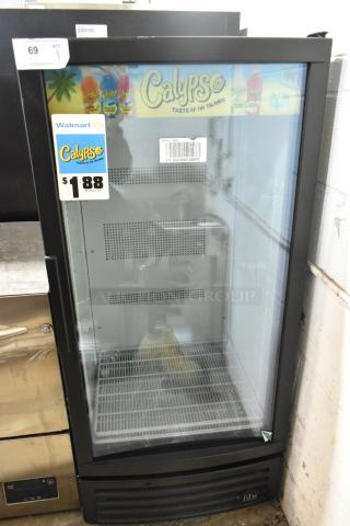 IDW G-10-F334B-HC commercial single-door reach-in cooler, 115 volts, Calypso branding, metal frame, glass door, used condition.