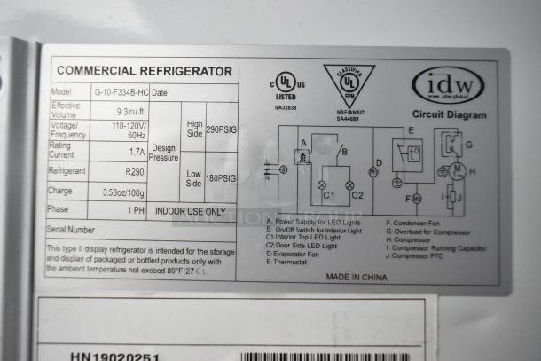 IDW G-10-F334B-HC cooler label showing model, specs: 9.3 cu.ft, 110-120V, R290 refrigerant, UL listed, indoor use.