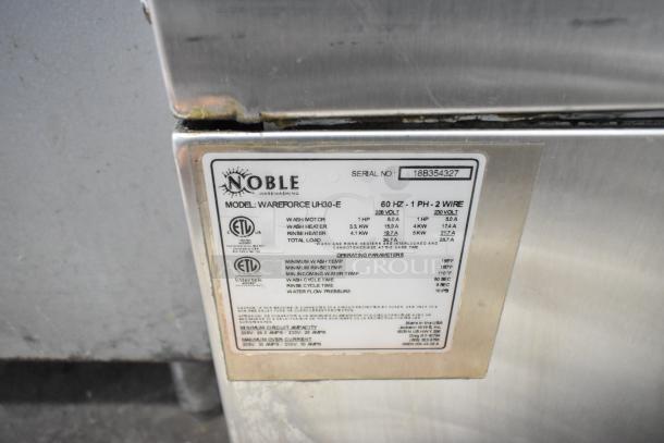 2018 Noble Wareforce UH30-E stainless steel undercounter dishwasher with ETL certification plate, 208/230 volts, 1 phase.