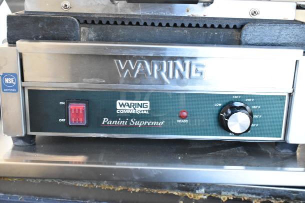 Waring WDG250 stainless steel commercial panini press, 120 volts, NSF certified, visible controls and branding, lightly used.