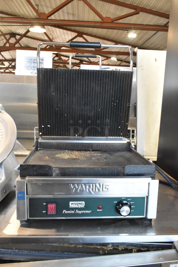 Waring WDG250 Stainless Steel Commercial Countertop Panini Press, 120V, 1 Phase, visible control knob and temperature settings.