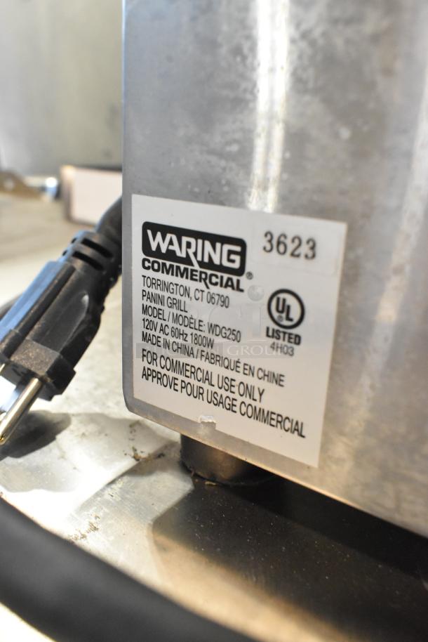 Waring WDG250 Stainless Steel Commercial Panini Press, 120V, 1 Phase, model label visible, UL listed.