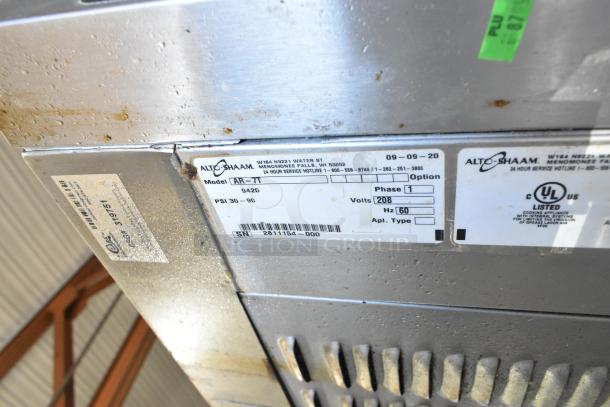 Alto Shaam AR-7T rotisserie oven label, 208V, 1 phase, 2019/2020 model, stainless steel, commercial, UL listed.