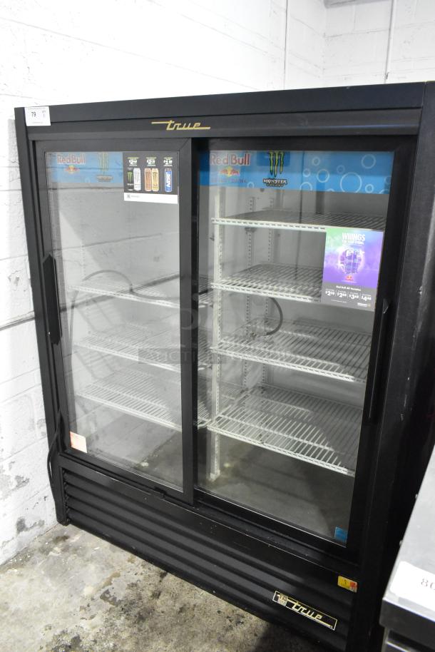 True GDM-41SL-60-LD commercial 2-door cooler, metal, poly-coated racks, glass doors, 115 volts, clear brand labeling.