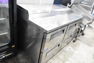 Turbo Air TPR-67SD-D4 stainless steel pizza prep table with 4 drawers, 115 volts, 1 phase. Commercial use.