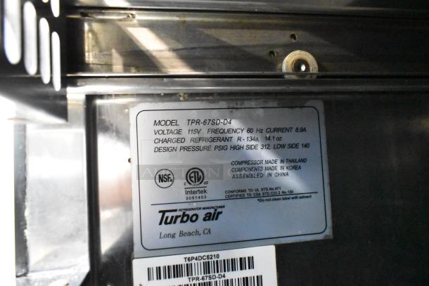 Turbo Air TPR-67SD-D4 pizza prep table label showing model, specs, certifications. NSF and Intertek logos visible.