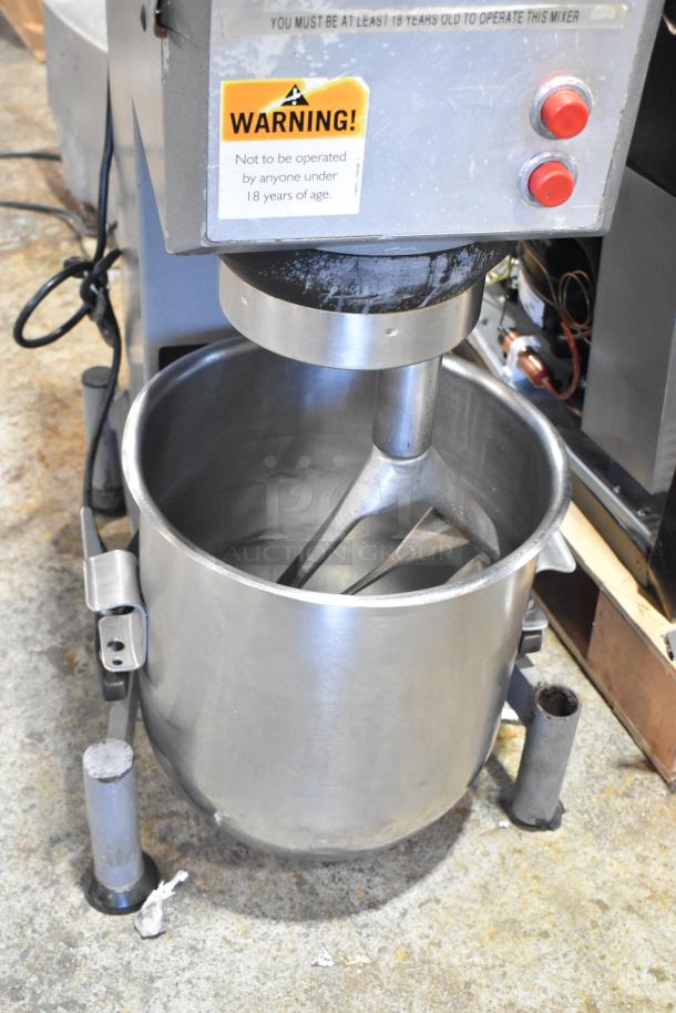 Varimixer W20 commercial 20-quart planetary dough mixer with metal bowl, pastry attachment, 115V, 1-phase. Warning label visible.