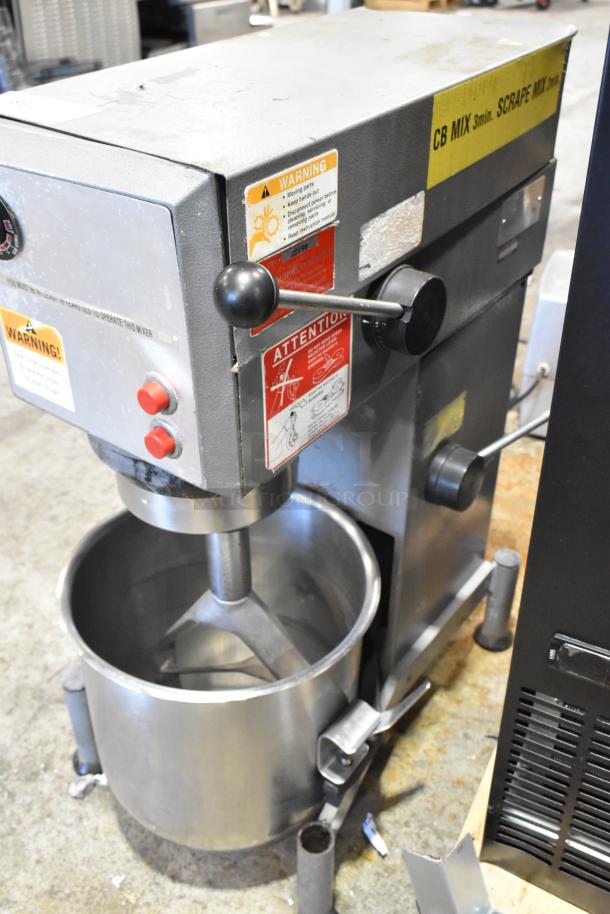 Varimixer W20 commercial 20-quart mixer with metal bowl, pastry attachment; 115V, 1 phase; features safety labels.