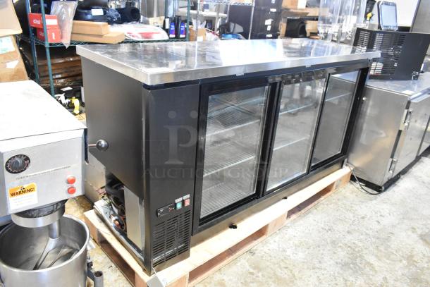 2025 Avantco 178UBB72SHC 73" black bar fridge, sliding glass doors, LED lighting, excellent condition, 115V, 1 phase.