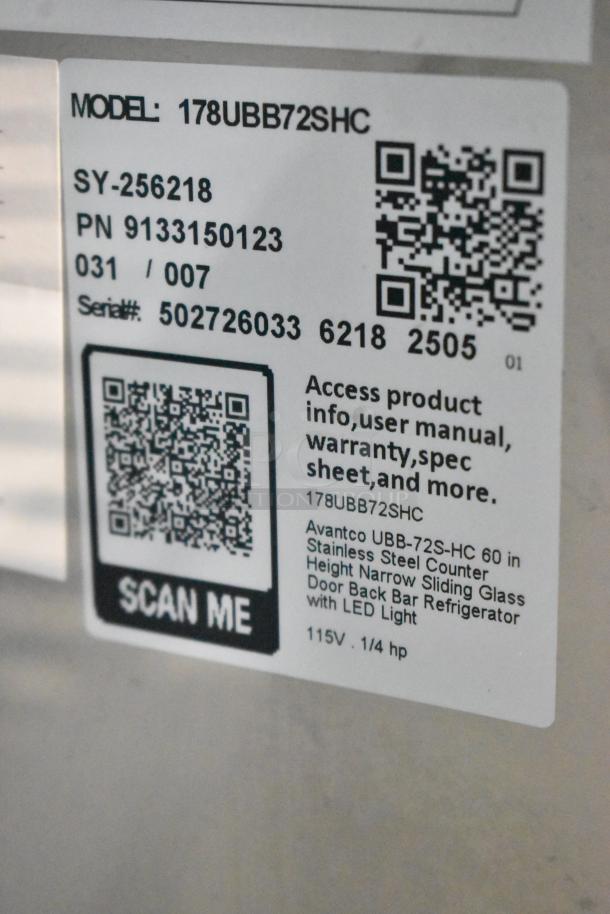 Avantco 178UBB72SHC label showing model number, QR code for product info, 115V power details, and serial number.