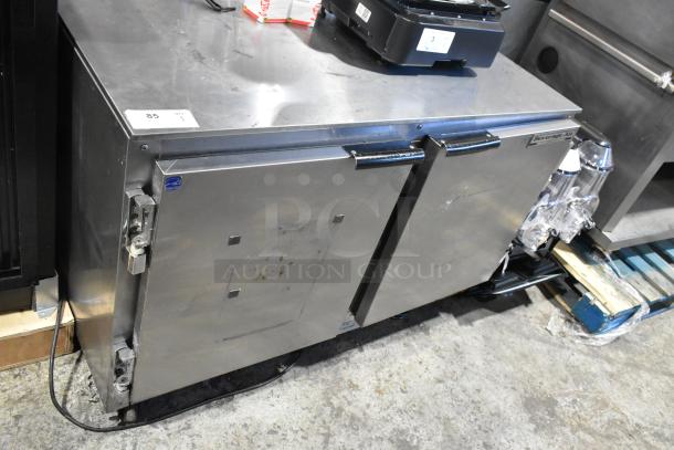 Beverage Air UCR48A stainless steel 2-door undercounter cooler on commercial casters, 115V, 1 phase, showing some wear.