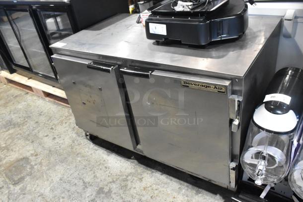 Beverage Air UCR48A stainless steel 2-door undercounter cooler on commercial casters, 115V, 1 phase, visible label.