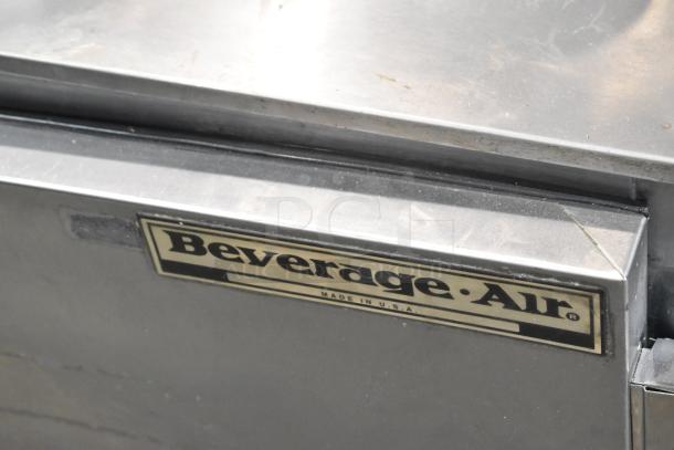 Beverage Air UCR48A stainless steel 2-door undercounter cooler with commercial casters, 115V, USA-made label visible.