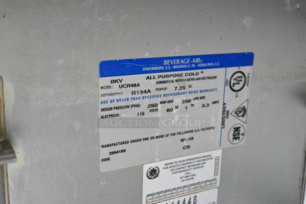 Beverage Air UCR48A stainless steel 2-door undercounter cooler, commercial casters, 115V, 1 phase, model tag shown.