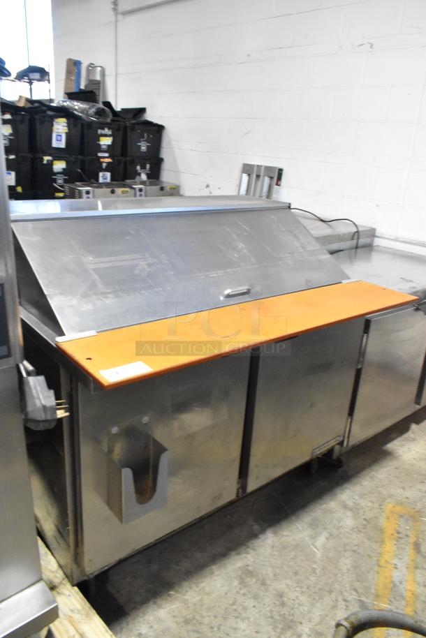 Beverage Air SPE48-18M-HMP stainless steel sandwich salad prep table, Bain Marie mega top, on casters, 115V, 1 phase.
