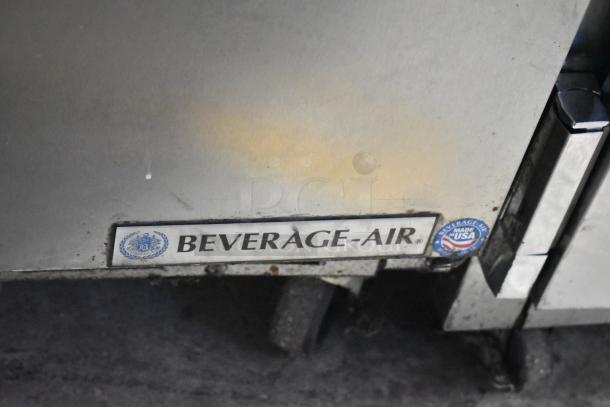 Beverage Air SPE48-18M-HMP stainless steel commercial sandwich salad prep table. Visible Beverage-Air logo and "Made in USA" marking.