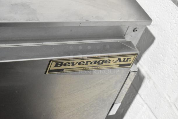 Beverage Air UCR48A stainless steel commercial 2-door undercounter cooler with label, on casters. 115 Volts, 1 Phase.
