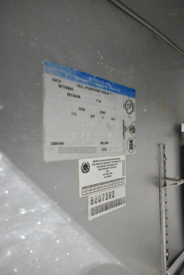 Stainless steel Beverage Air WTR60A commercial undercounter cooler on casters, 2 doors, 115 volts, model label visible.