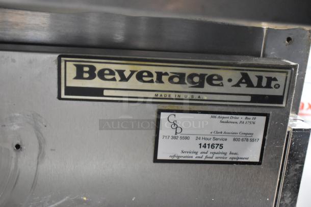 Beverage Air stainless steel commercial sandwich salad prep table with Bain Marie mega top, on casters, 115V, 1 phase.