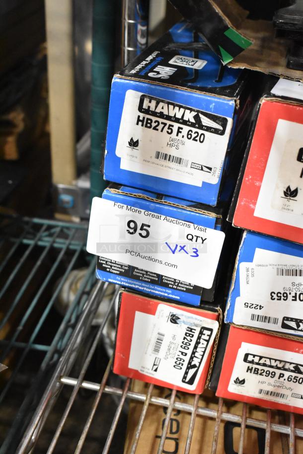 3 new Hawk brake pad boxes: HB275F.620, HB370F.559, HB299P.650. Includes labels with details. Scratch and dent condition.