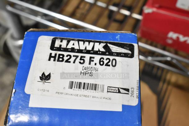 Box of Hawk Performance Street Brake Pads, model HB275 F.620, condition labeled as scratch and dent, barcode visible.