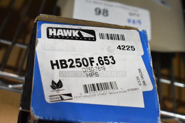 Hawk Performance brake pad box, model HB250F.653. Label indicates scratch and dent condition. New item.