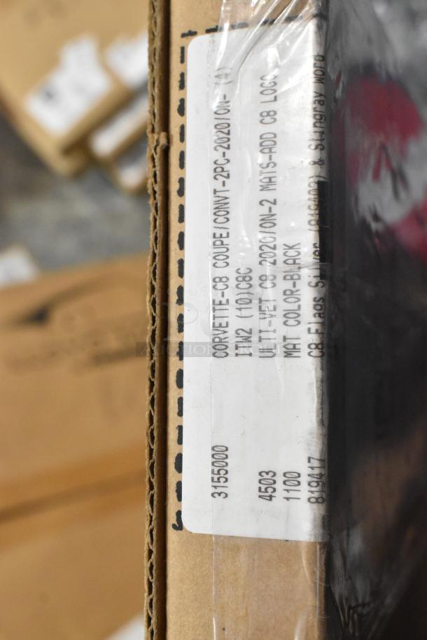 Box label showing details for Corvette C8 car mats by Lloyd Mats, black, part number 3155000. Brand new, scratch and dent items.